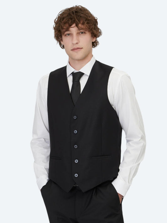 Siyah Slim Fit Klasik Dokuma Yelek