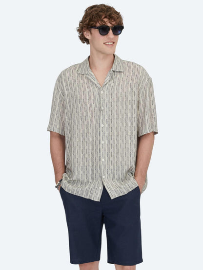 Mavi Desenli Oversize Fit Kısa Dokuma Casual Gömlek