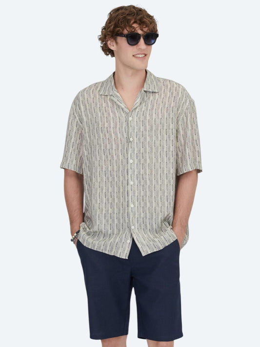 Mavi Desenli Oversize Fit Kısa Dokuma Casual Gömlek