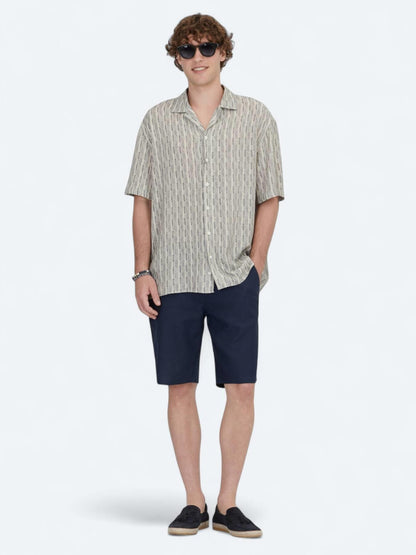 Mavi Desenli Oversize Fit Kısa Dokuma Casual Gömlek