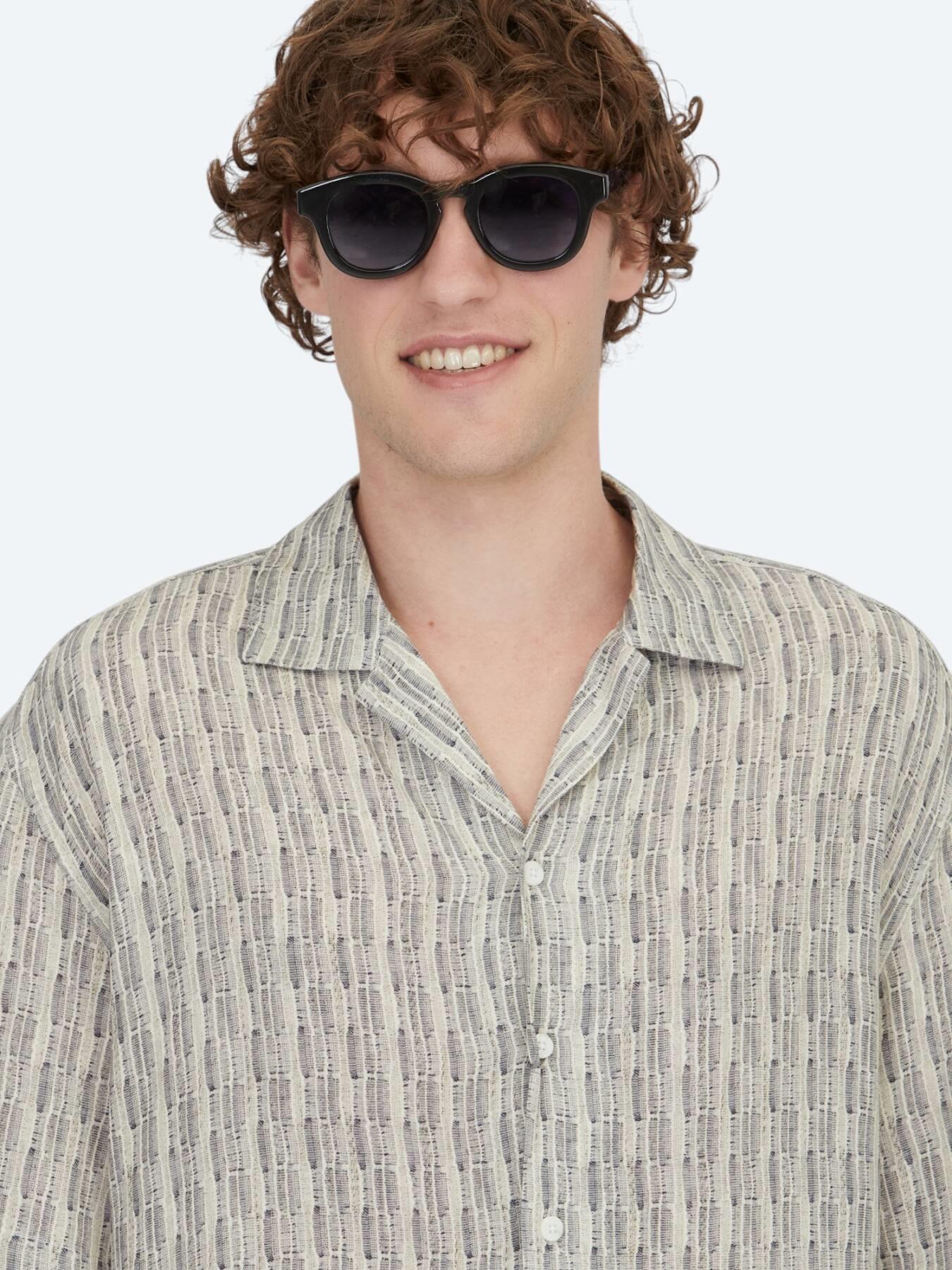 Mavi Desenli Oversize Fit Kısa Dokuma Casual Gömlek