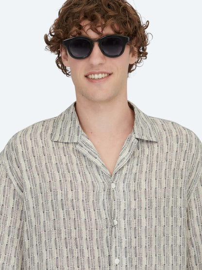 Mavi Desenli Oversize Fit Kısa Dokuma Casual Gömlek
