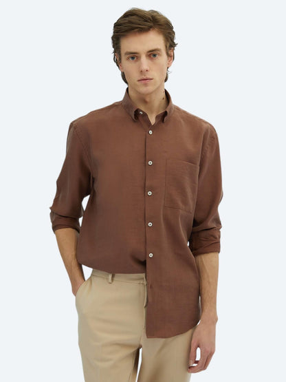 Kahverengi Düz Oversize Fit Uzun Dokuma Casual Gömlek