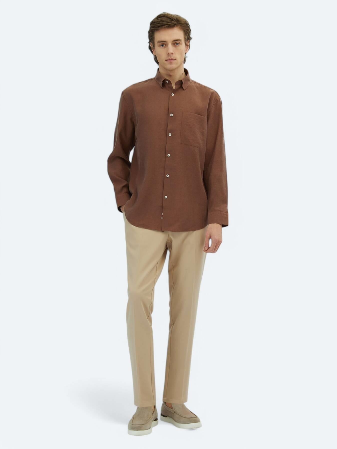 Kahverengi Düz Oversize Fit Uzun Dokuma Casual Gömlek
