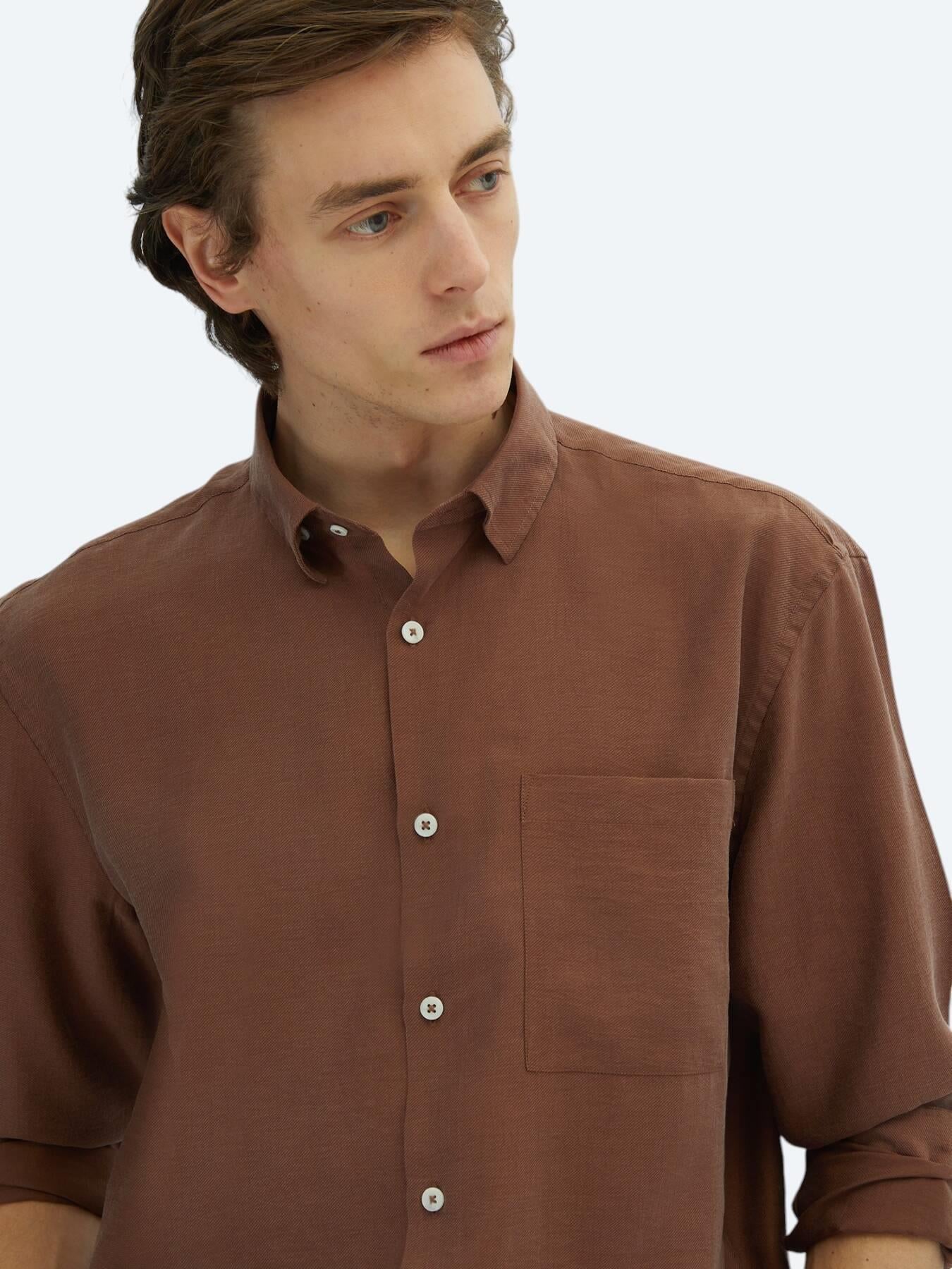 Kahverengi Düz Oversize Fit Uzun Dokuma Casual Gömlek