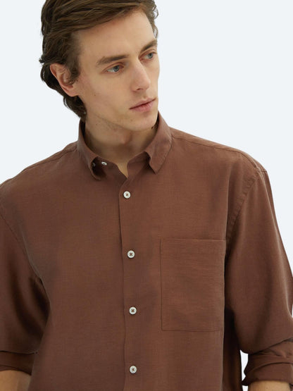 Kahverengi Düz Oversize Fit Uzun Dokuma Casual Gömlek