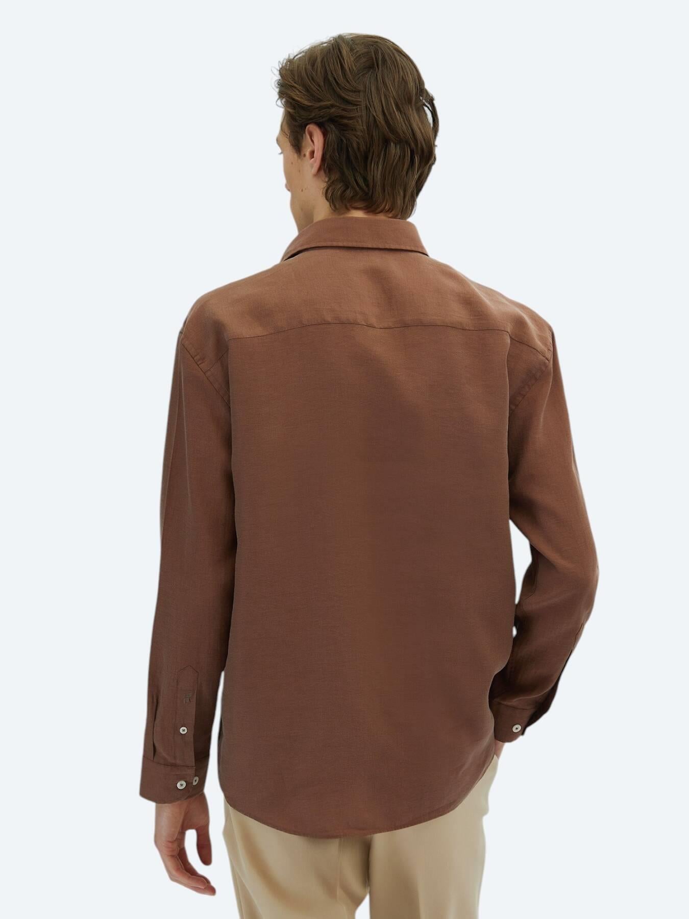 Kahverengi Düz Oversize Fit Uzun Dokuma Casual Gömlek