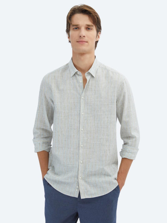 Mavi Çizgili Regular Fit Uzun Dokuma Casual Pamuk Karışımlı Gömlek