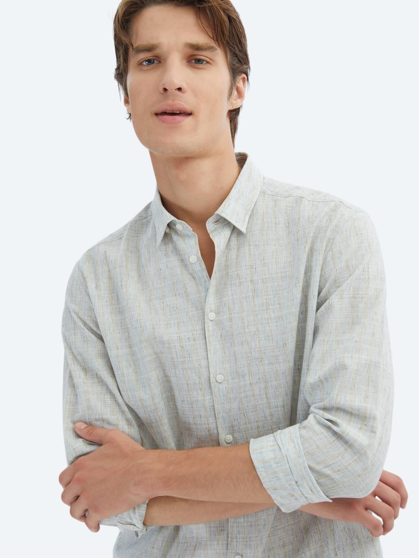 Mavi Çizgili Regular Fit Uzun Dokuma Casual Pamuk Karışımlı Gömlek