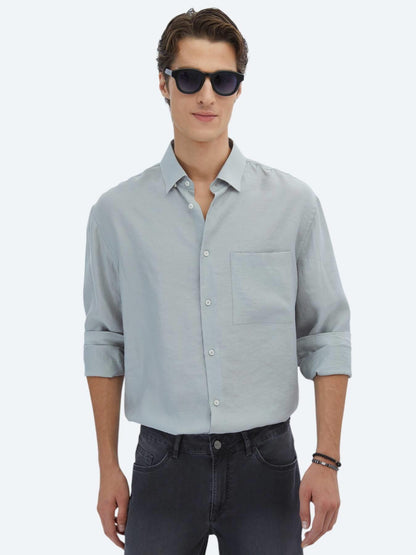 Gri Düz Oversize Fit Uzun Dokuma Casual Gömlek