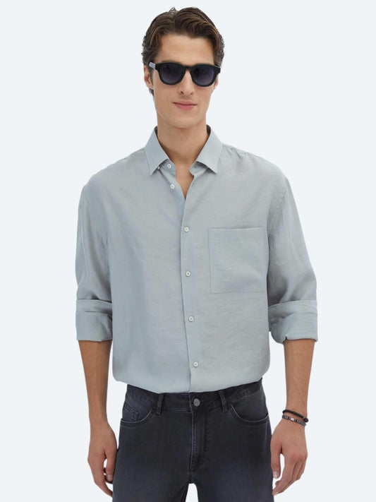 Gri Düz Oversize Fit Uzun Dokuma Casual Gömlek