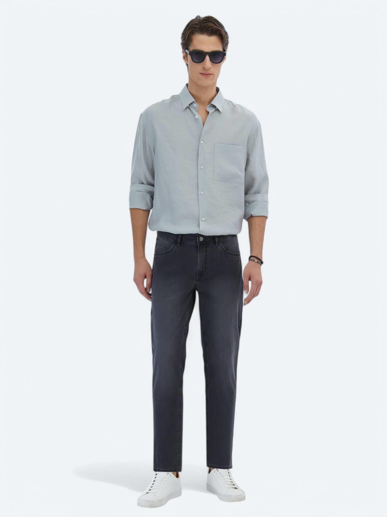 Gri Düz Oversize Fit Uzun Dokuma Casual Gömlek