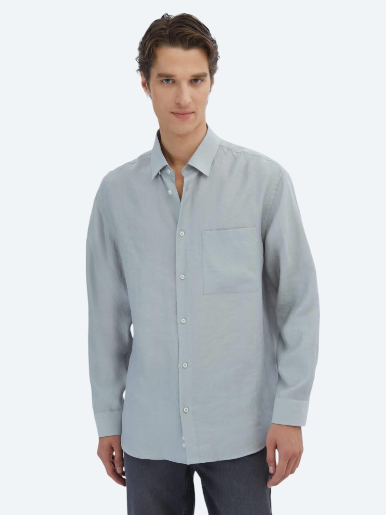 Gri Düz Oversize Fit Uzun Dokuma Casual Gömlek