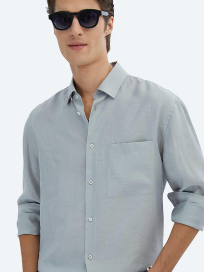 Gri Düz Oversize Fit Uzun Dokuma Casual Gömlek