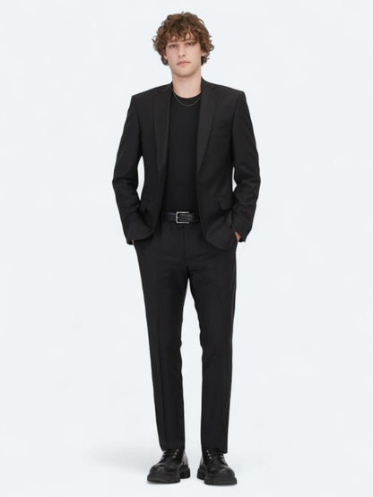 Siyah Düz Slim Fit Yün Karışımlı Takım Elbise