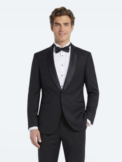 Siyah Düz Slim Fit Şal Yaka Dokuma Smokin Takım Elbise