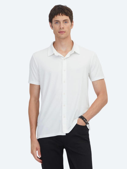 Beyaz Çizgili Regular Fit Kısa Casual Gömlek