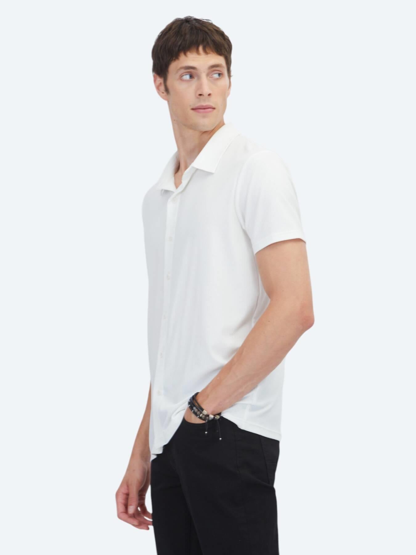 Beyaz Çizgili Regular Fit Kısa Casual Gömlek