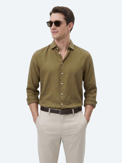 Haki Düz Regular Fit Uzun Dokuma Casual Pamuk Karışımlı Gömlek