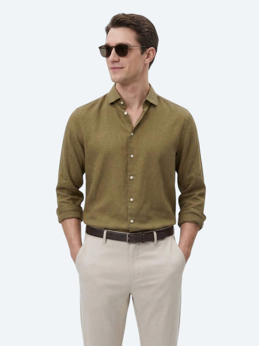 Haki Düz Regular Fit Uzun Dokuma Casual Pamuk Karışımlı Gömlek