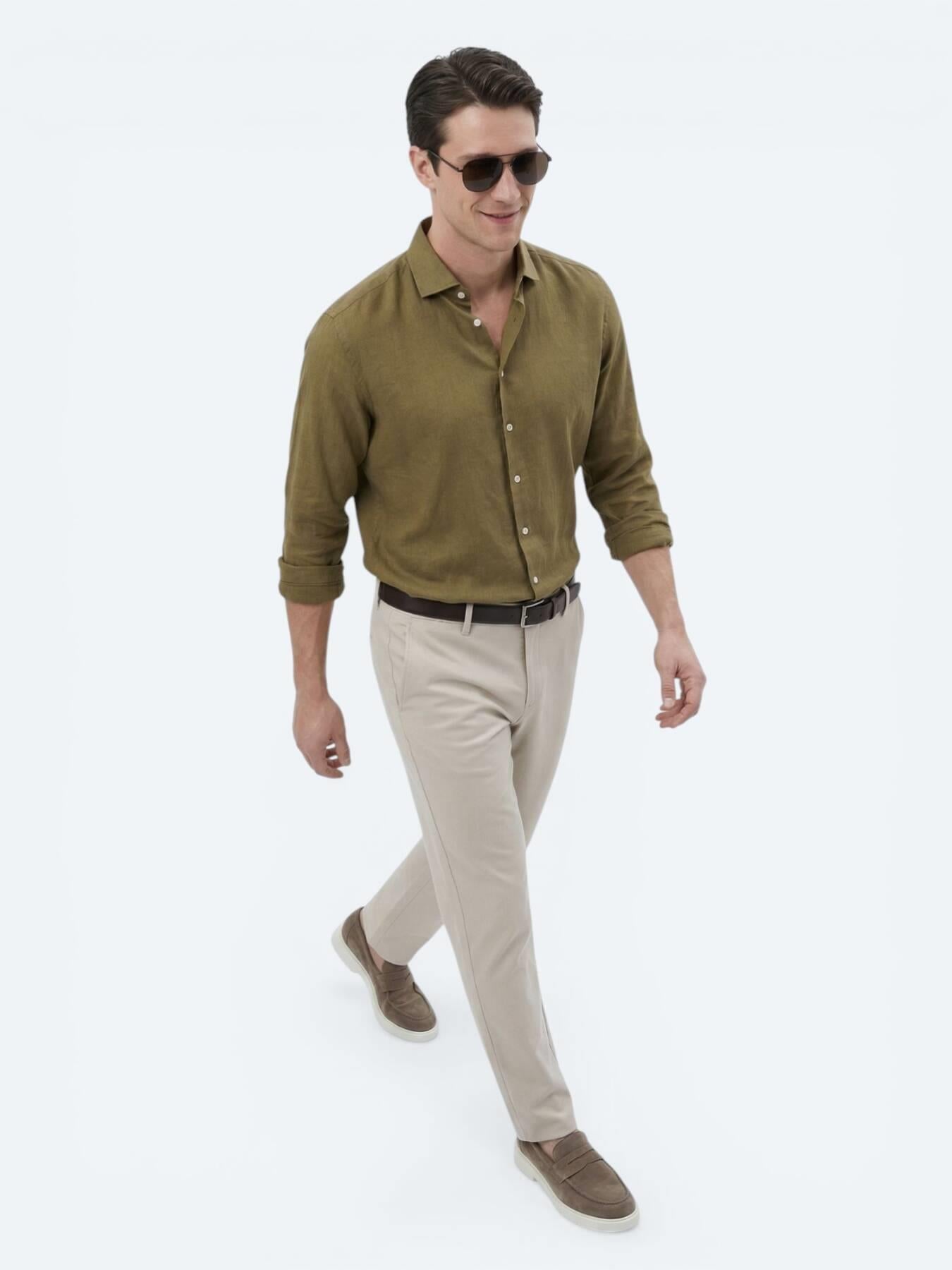 Haki Düz Regular Fit Uzun Dokuma Casual Pamuk Karışımlı Gömlek