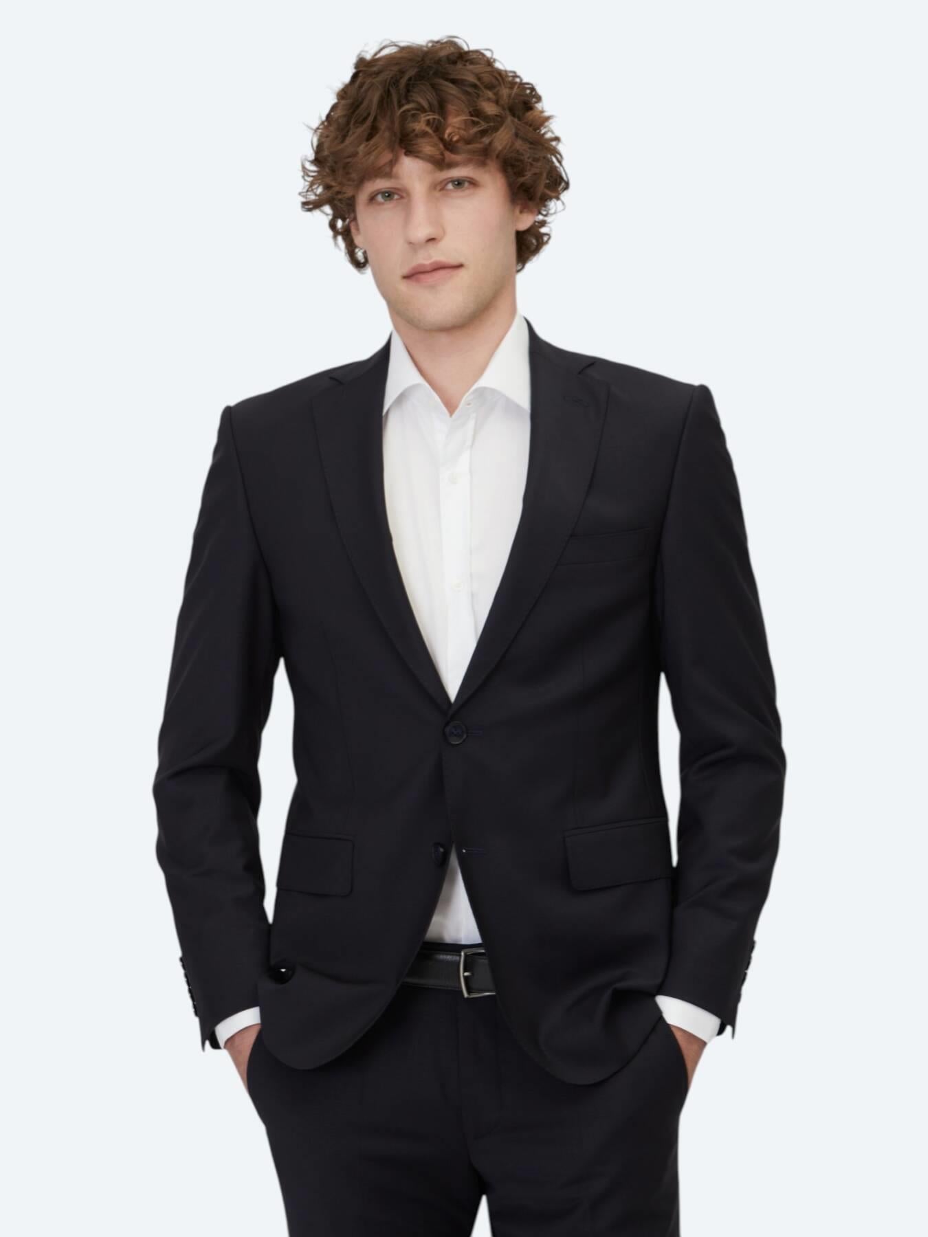 Lacivert Düz Slim Fit Yün Karışımlı Takım Elbise