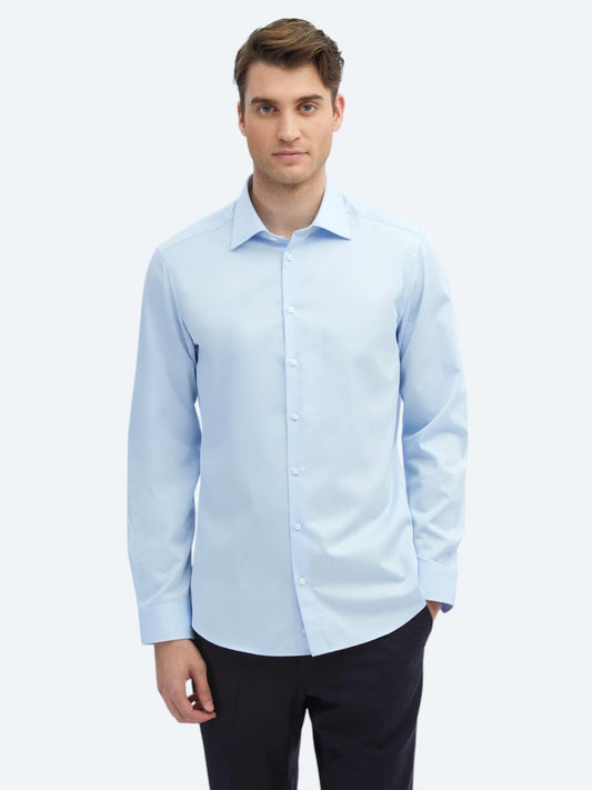 Koyu Mavi Düz Slim Fit Uzun Dokuma Klasik %100 Pamuk Gömlek
