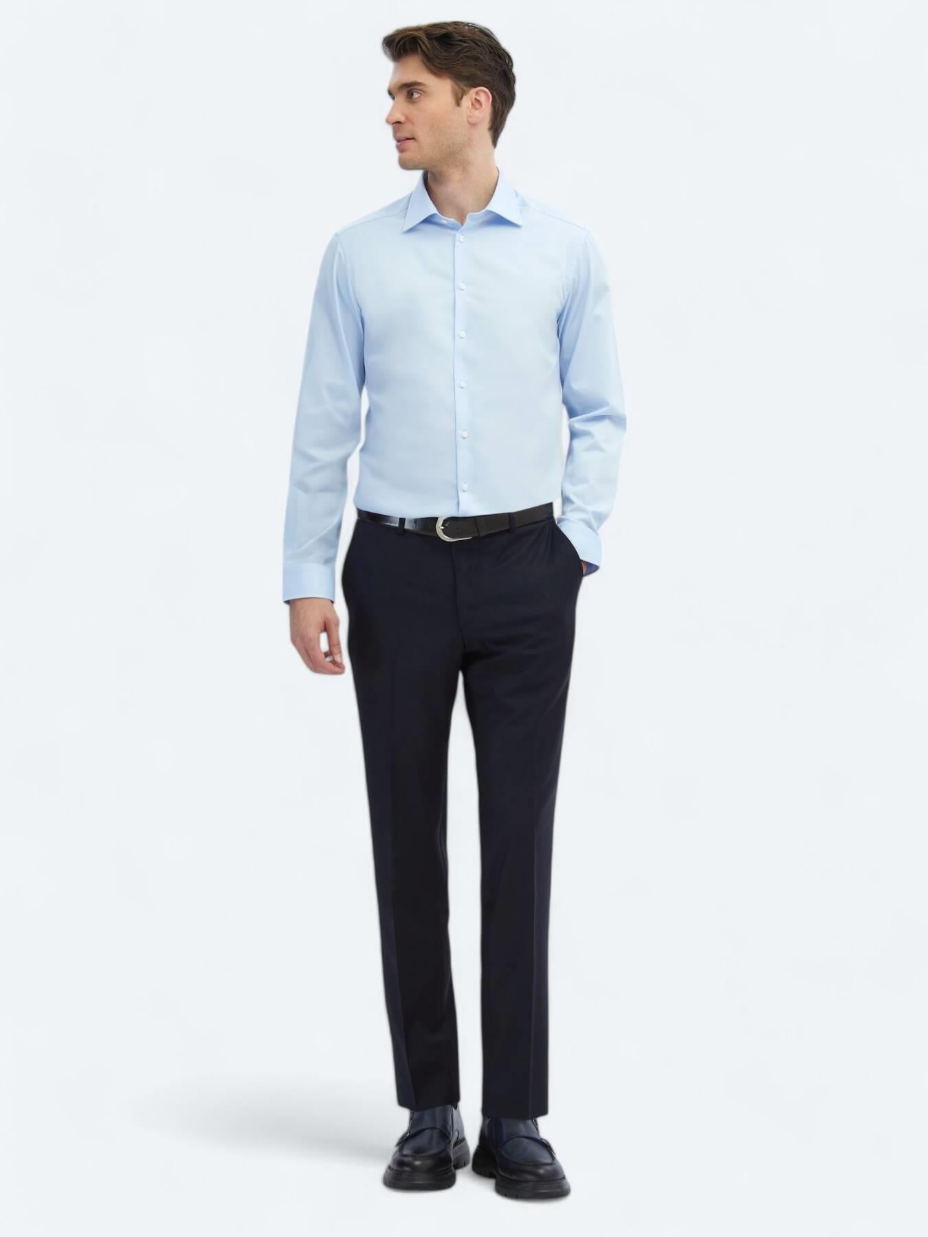 Koyu Mavi Düz Slim Fit Uzun Dokuma Klasik %100 Pamuk Gömlek