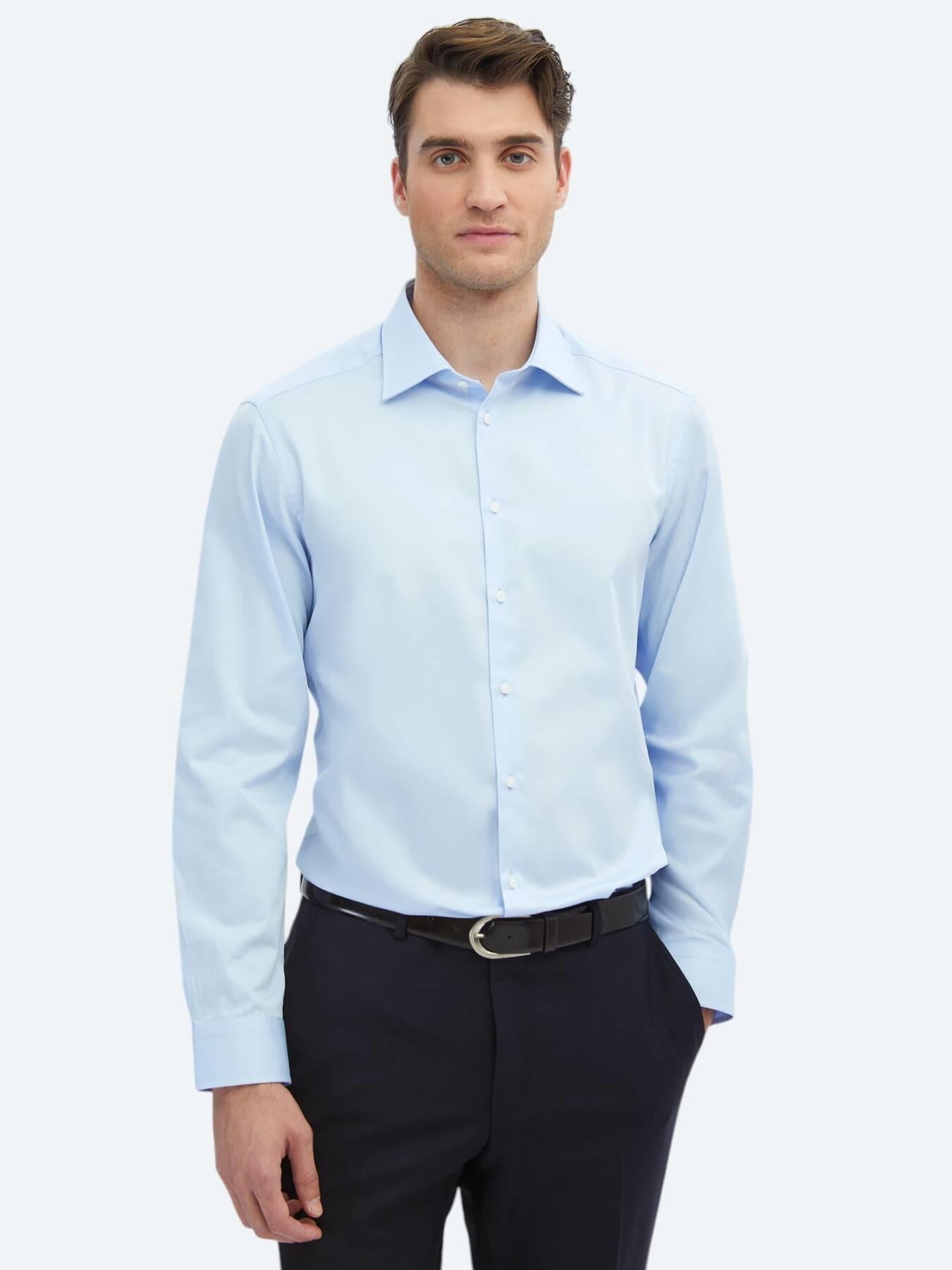 Koyu Mavi Düz Slim Fit Uzun Dokuma Klasik %100 Pamuk Gömlek