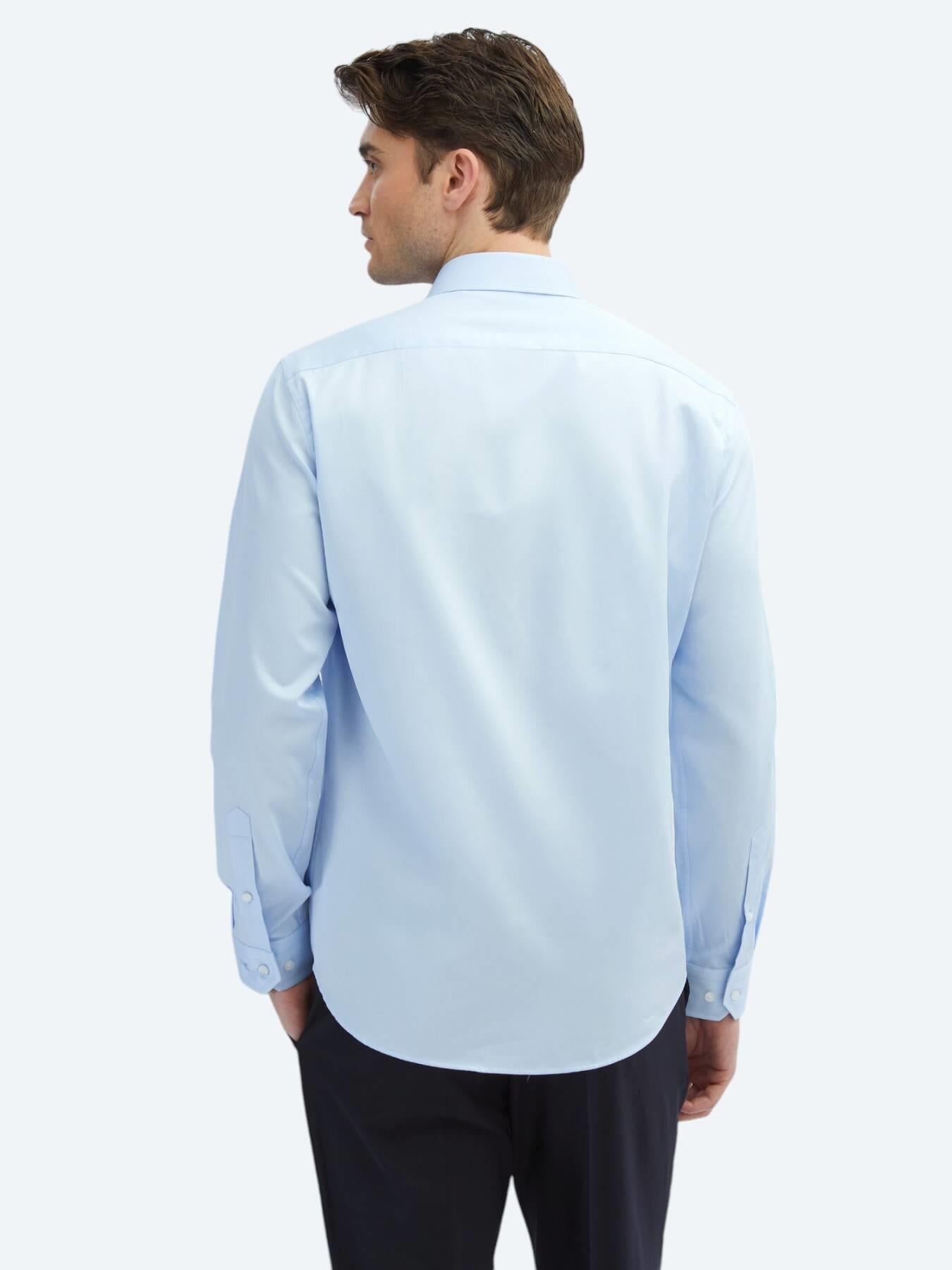Koyu Mavi Düz Slim Fit Uzun Dokuma Klasik %100 Pamuk Gömlek