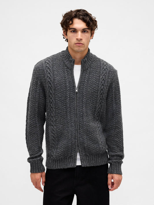 Koyu Gri Wool-blend Cable-knit Fermuarlı Triko Hırka