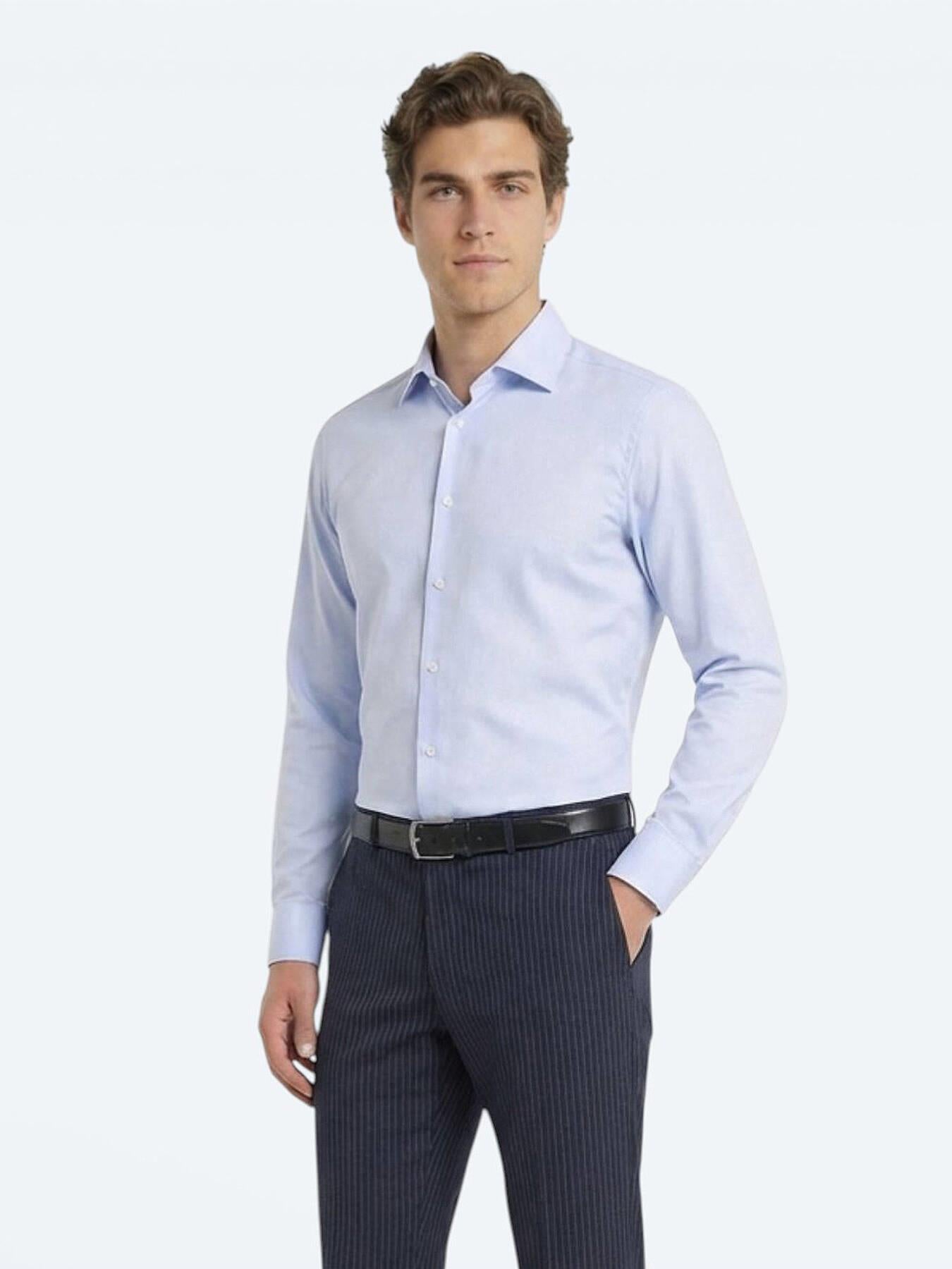 Mavi Düz Slim Fit Uzun Dokuma Klasik %100 Pamuk Gömlek