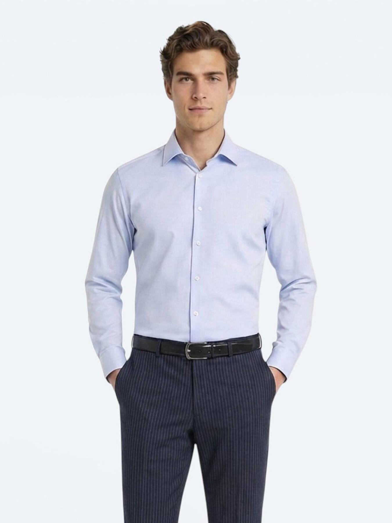 Mavi Düz Slim Fit Uzun Dokuma Klasik %100 Pamuk Gömlek
