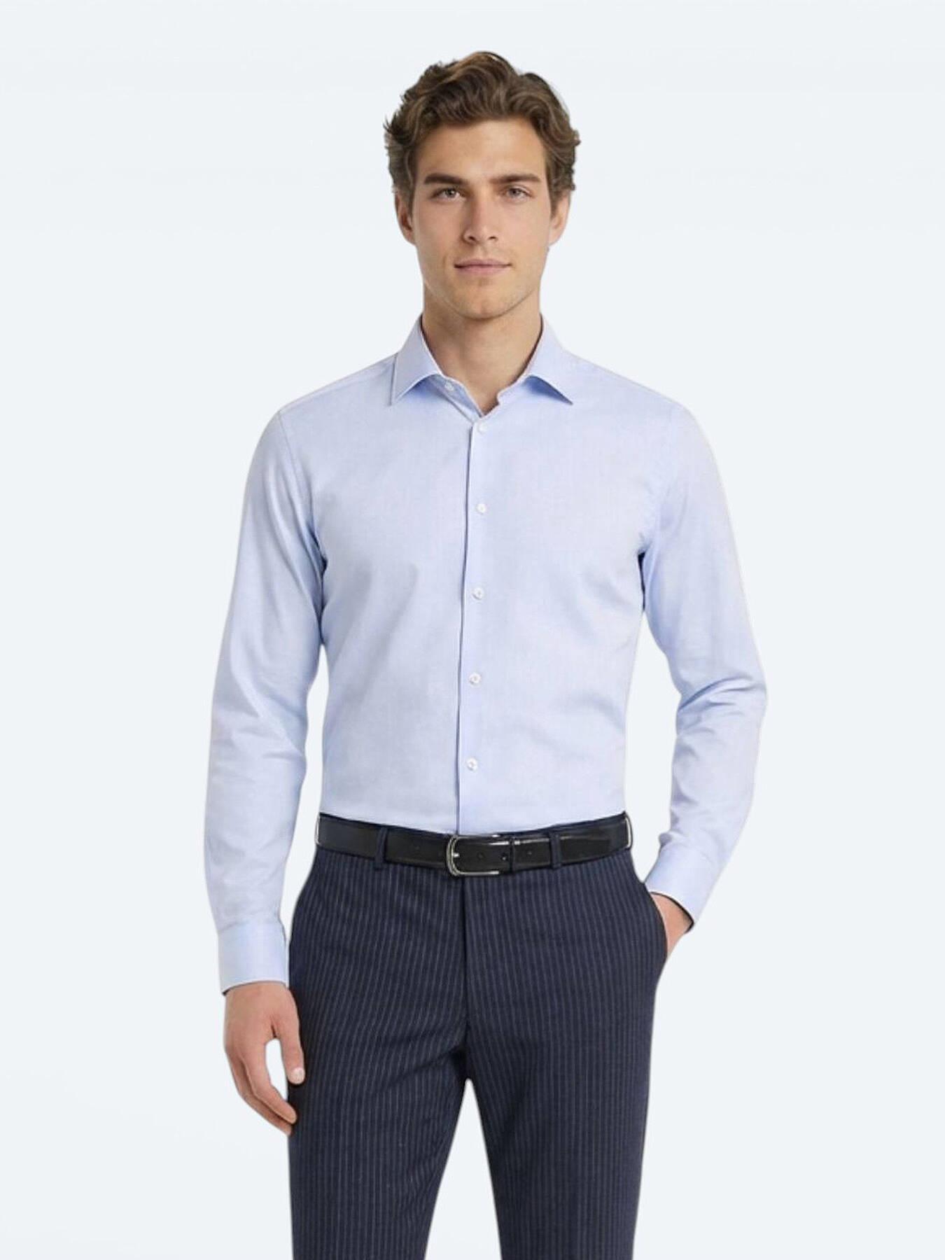 Mavi Düz Slim Fit Uzun Dokuma Klasik %100 Pamuk Gömlek