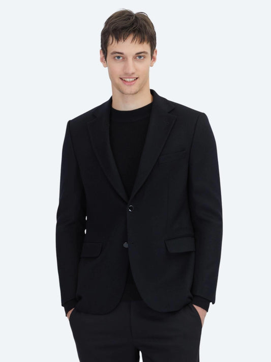 Siyah Düz Modern Fit Yün Karışımlı Ceket