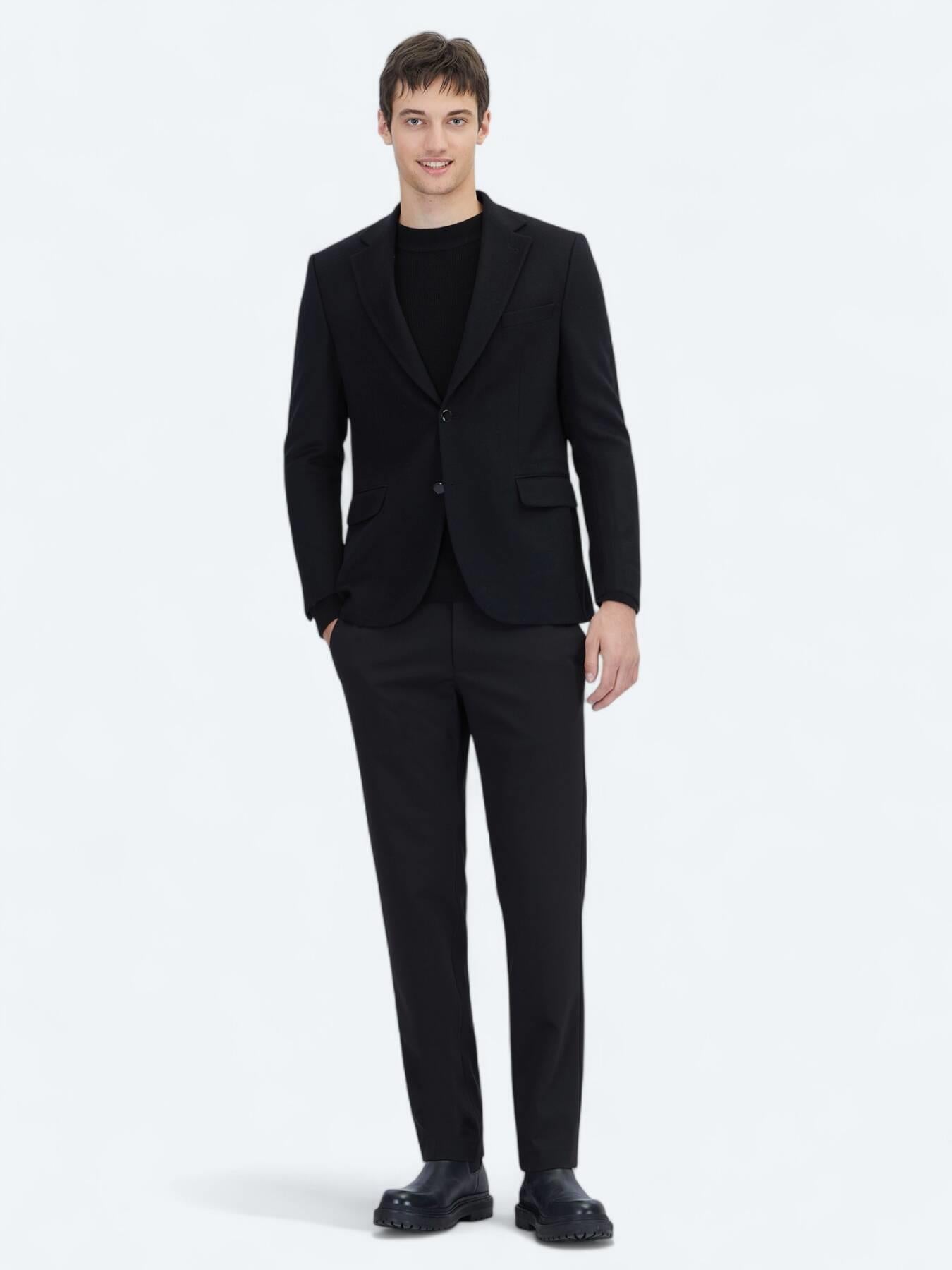 Siyah Düz Modern Fit Yün Karışımlı Ceket