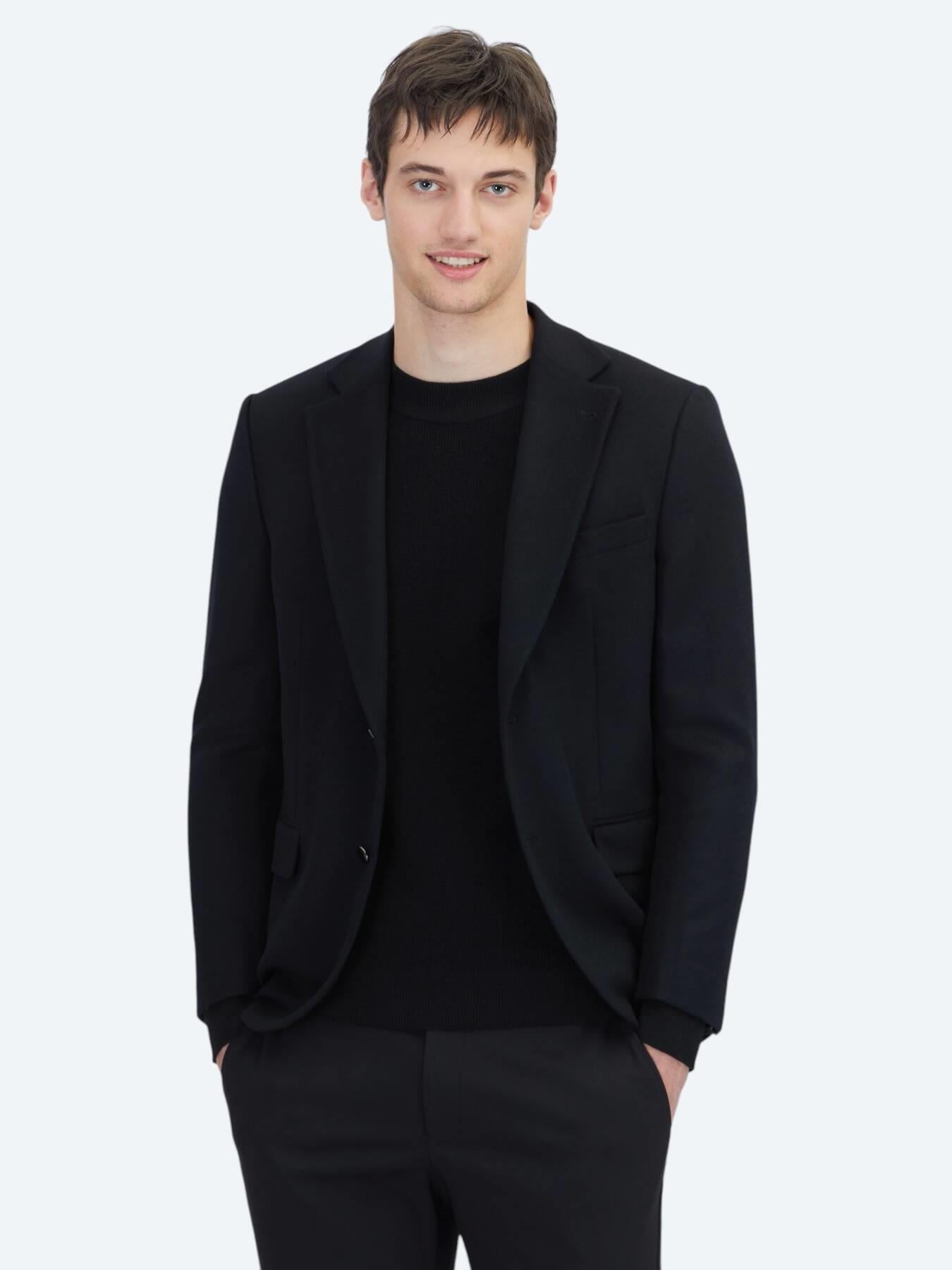 Siyah Düz Modern Fit Yün Karışımlı Ceket