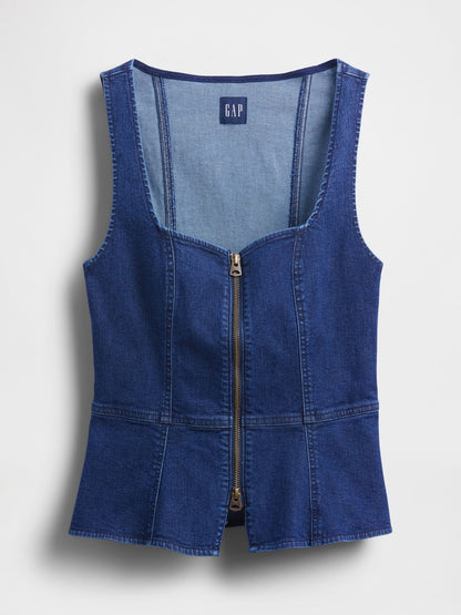 Lacivert Denim Fermuarlı Bluz