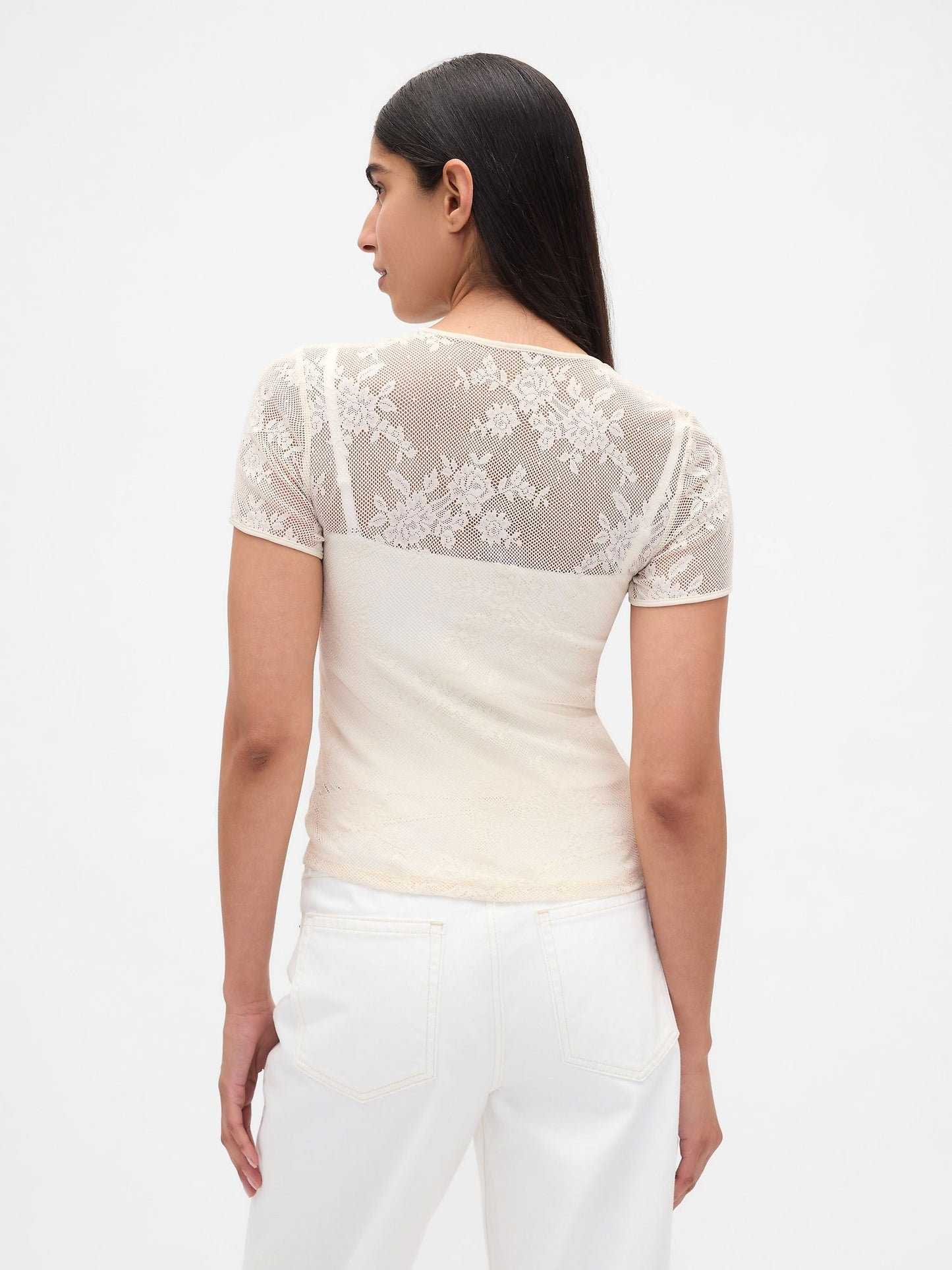 Krem Çiçek Desenli Dantel T-shirt