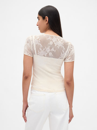 Krem Çiçek Desenli Dantel T-shirt