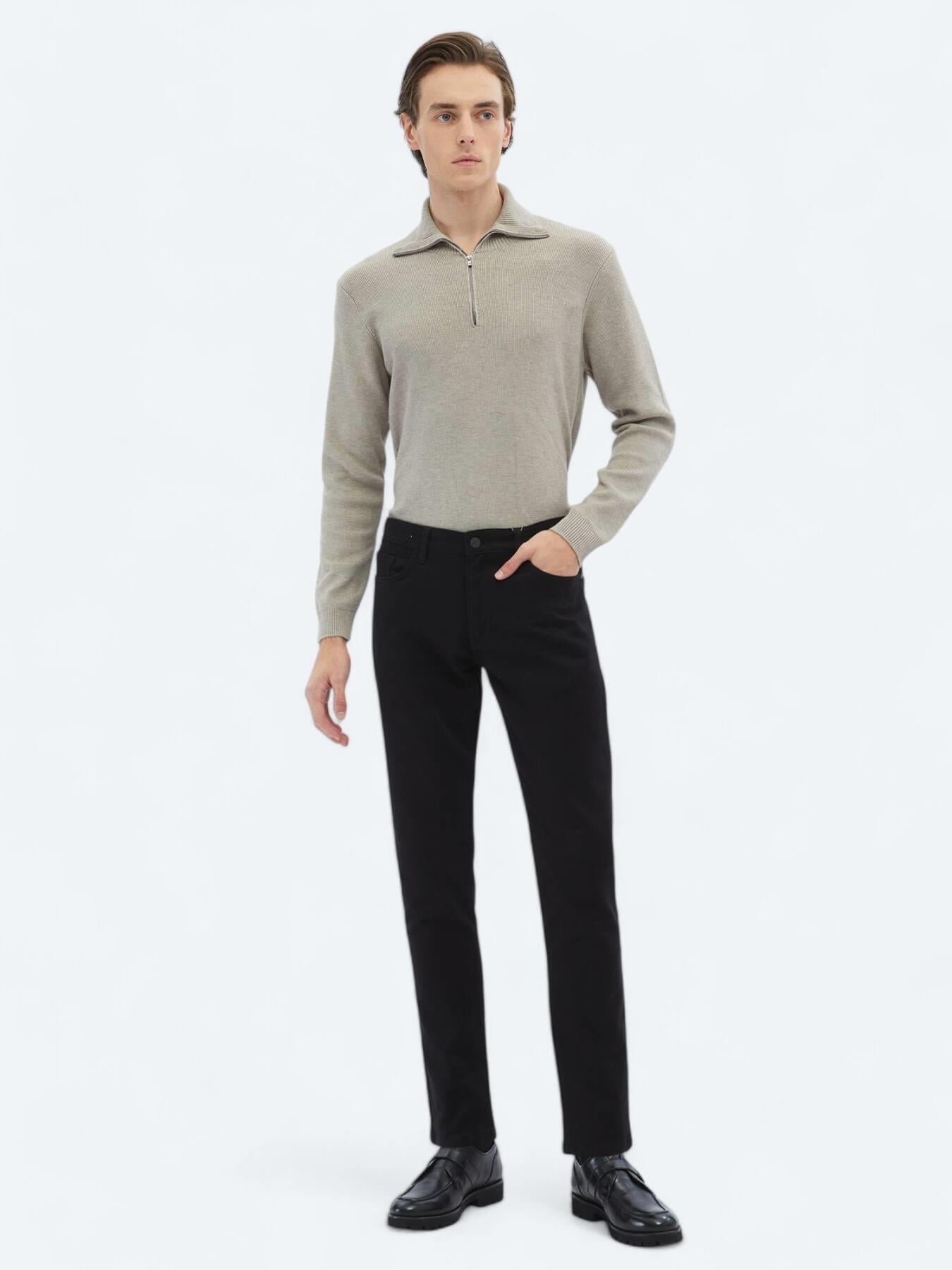 Siyah Dokuma Slim Fit Casual Pamuk Karışımlı Pantolon