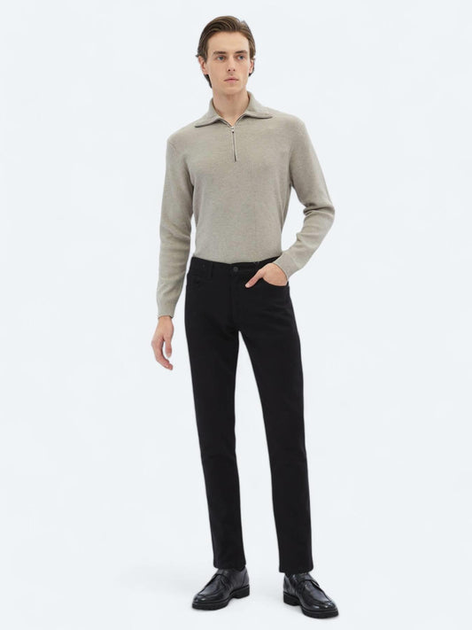 Siyah Dokuma Slim Fit Casual Pamuk Karışımlı Pantolon