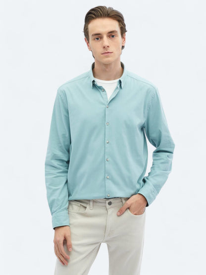Mint Düz Regular Fit Uzun Dokuma Casual Pamuk Karışımlı Gömlek