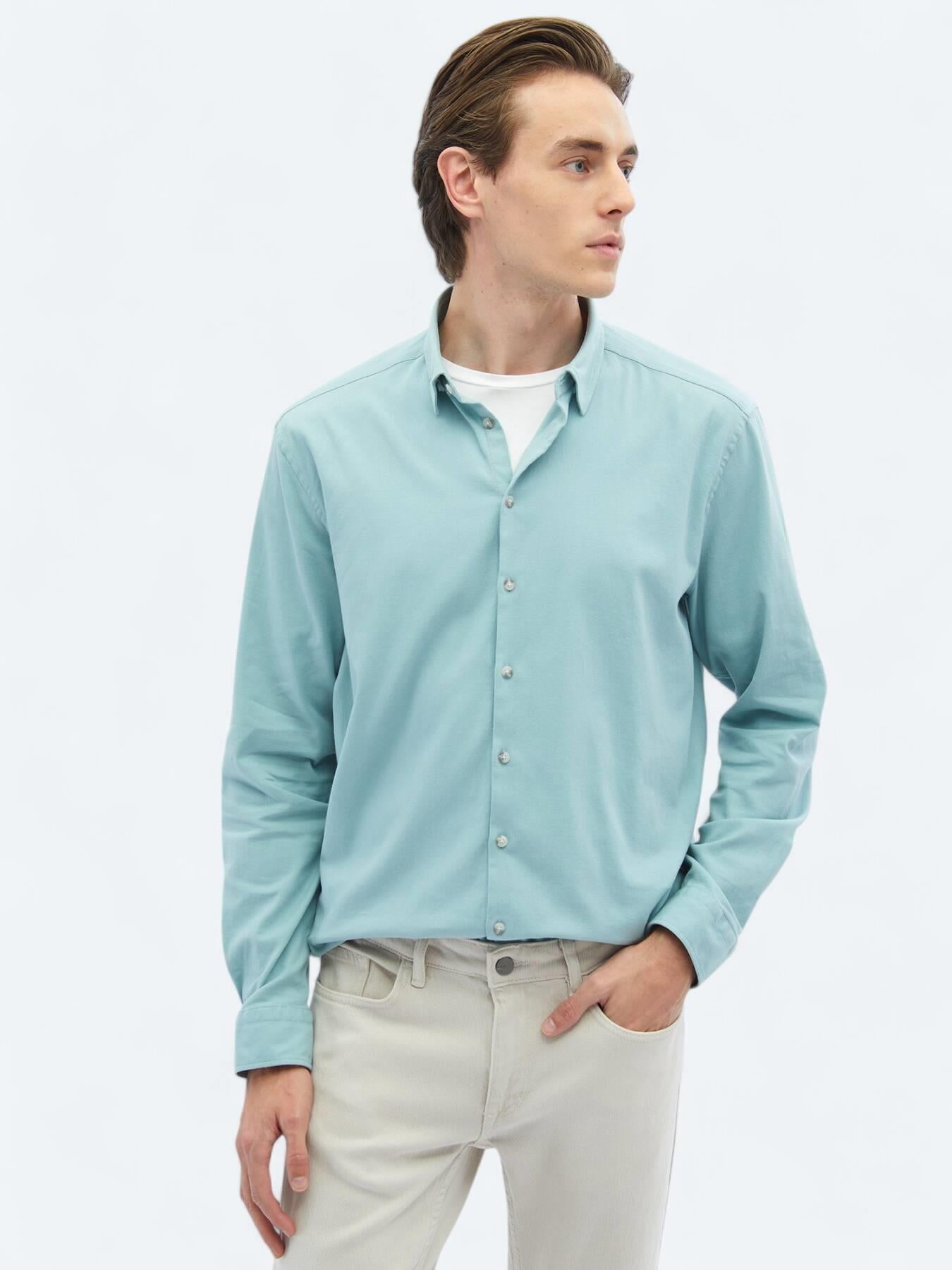 Mint Düz Regular Fit Uzun Dokuma Casual Pamuk Karışımlı Gömlek
