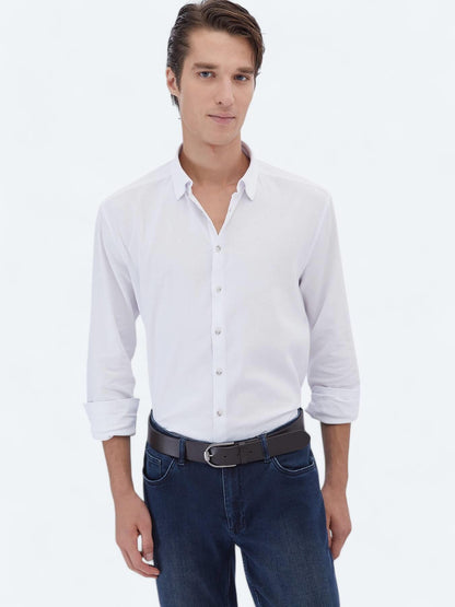 Beyaz Düz Regular Fit Uzun Dokuma Casual Pamuk Karışımlı Gömlek