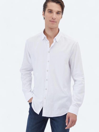 Beyaz Düz Regular Fit Uzun Dokuma Casual Pamuk Karışımlı Gömlek