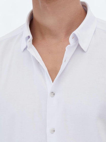 Beyaz Düz Regular Fit Uzun Dokuma Casual Pamuk Karışımlı Gömlek