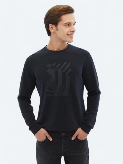 Siyah Bisiklet Yaka Baskılı Sweatshırt