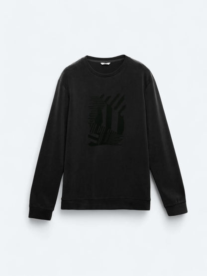 Siyah Bisiklet Yaka Baskılı Sweatshırt