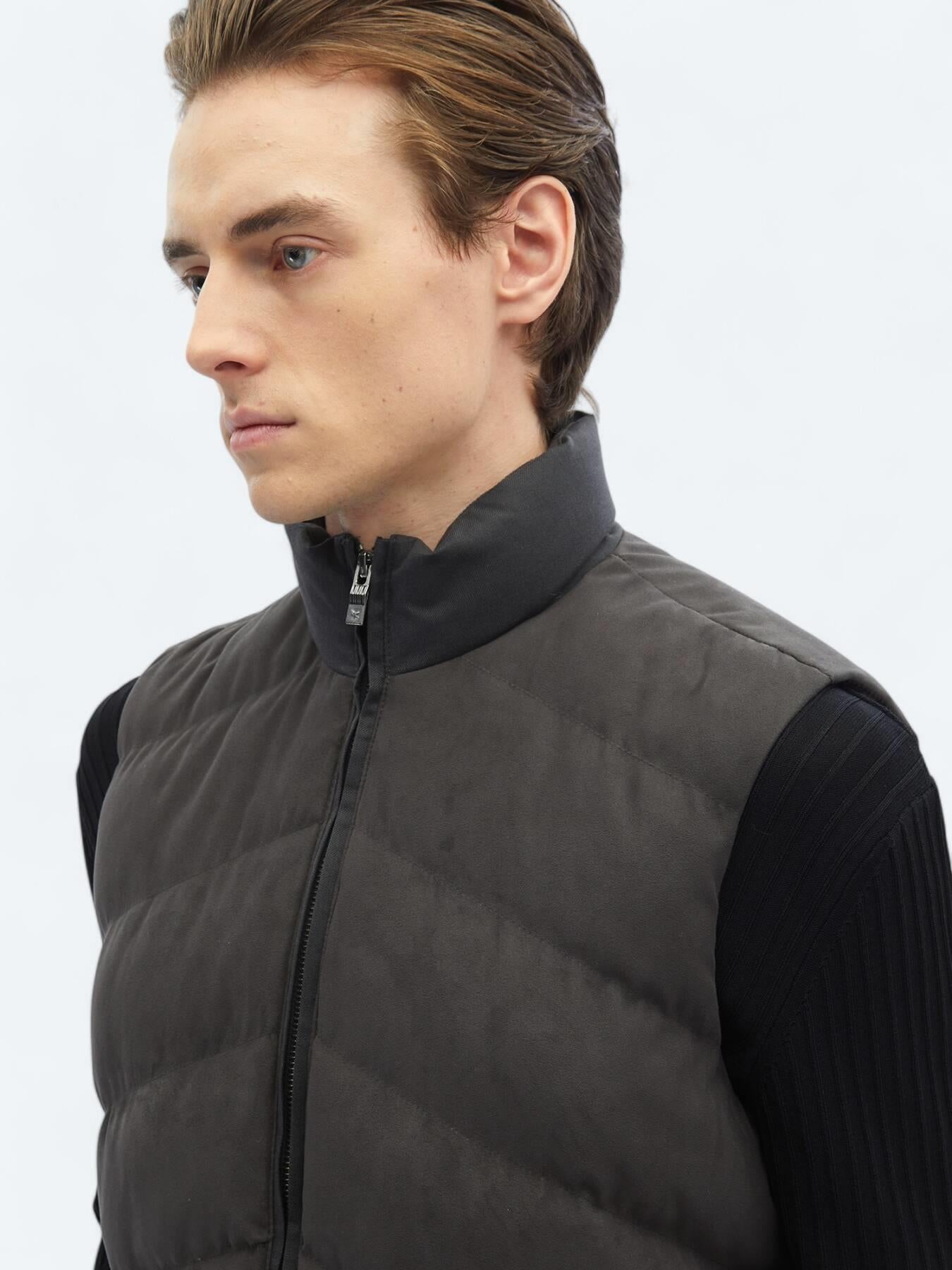 Antrasit Regular Fit Dik Yaka Casual Dokuma Spor Yelek